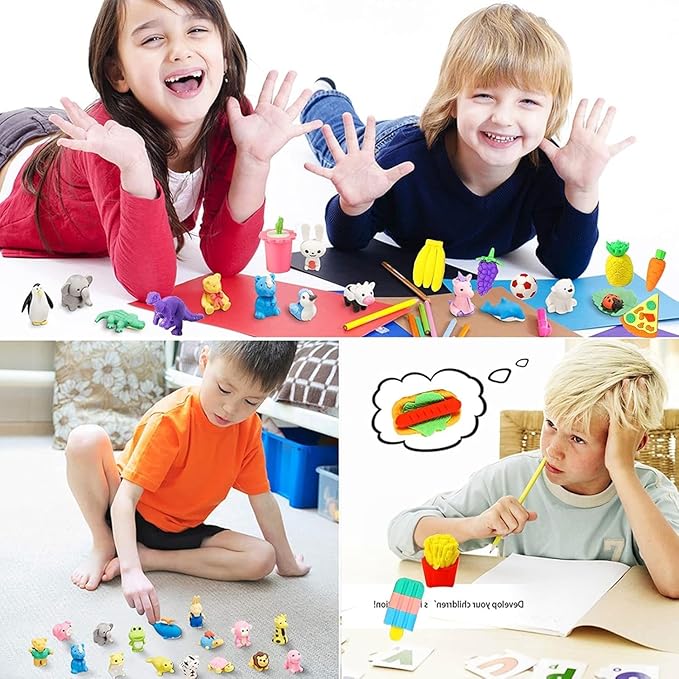 URSKYTOUS 110Pcs Animal Erasers Kids Desk Pets Pencil Erasers 3D Puzzle Eraser Bulk Mini Animal Food Toys Fun Cute Eraser for Classroom Rewards, Game Prizes, Treasure Box, Easter Egg Fillers