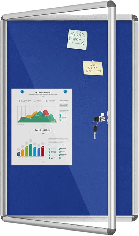 Mifuro 36"x24" Enclosed Bulletin Board, Lockable Weather-Resistant Aluminum Cork Noticeboard for School & Office, Silver Frame w/Blue Flet