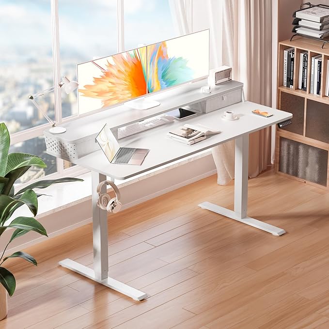 Kingant 55 x 24 Inch Electric Standing Desk with Dual Drawers, Height Adjustable Sit to Stand Computer Desk with Storage Shelf and C-Clamp Mount Compatibility for Home Office, White
