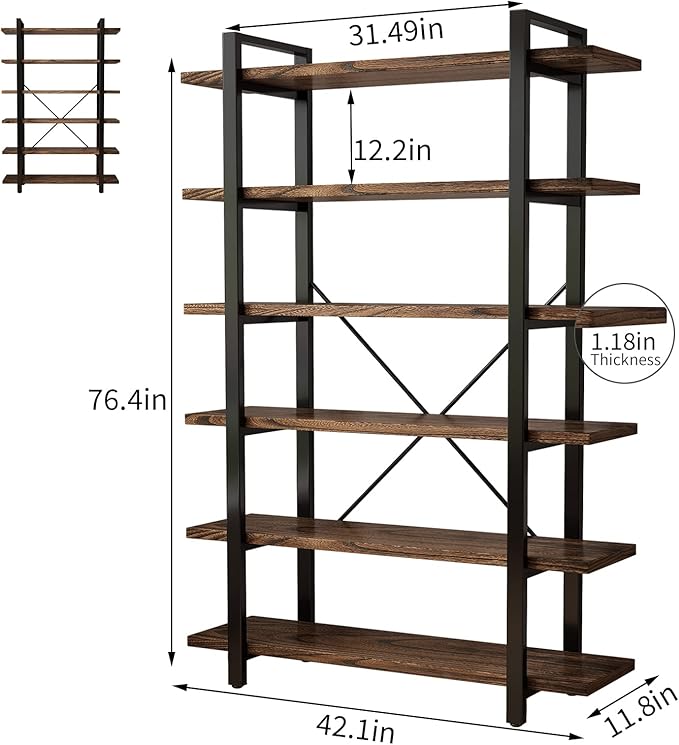 AY-AOYUAN Solid Wood Bookcase and Book Shelves Wood and Metal Shelving Unit 6 Tier Bookshelf Modern Rustic Open Bookshelf Office,Distressed Brown (AY-02-6Tier)