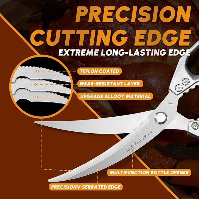 HUUSK Kitchen Scissors Silver - Stainless Steel Kitchen Shears for Food, Japanese Cooking Scissor, Sharp Meat Scissors Dishwasher Safe, Heavy Duty Poultry Shears for Chicken, Gifts for Women