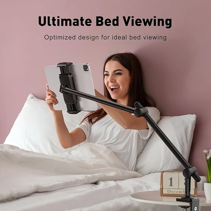 AboveTEK Tablet Stand Holder for Desk & Bed, Aluminum iPad Holder Arm with 360° Rotating Clamp, Adjustable Phone Stand Compatible with 4.7"-13.5" iPad Pro/Air/Mini, iPhone, Galaxy Tab- Black