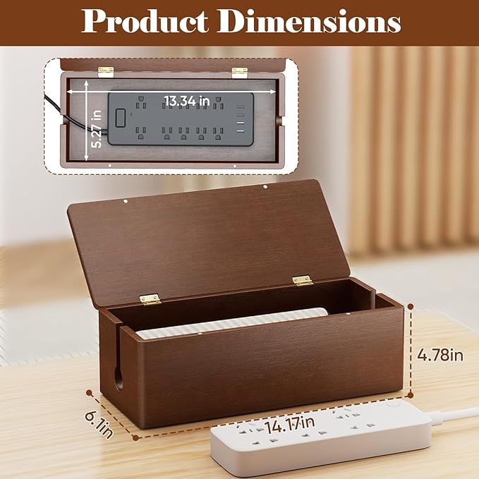 Delamu Wood Cable Management Box with Magnetic Lid, Duty Desk Charging Cord Organizer Cord Box Hider with Ventilation for Desk, Floor, Home Office, Power Strip Cover Box Baby Proof