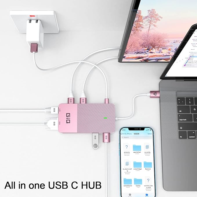 USB Docking Station GIQ USB C HUB USB 3.0 to Dual HDMI VGA Adapter Triple Display USB C Laptop Docking Station Dual Monitor HDMI Splitter Extender Compatible with MacBook M1 M2 USB Dock-Rose Gold