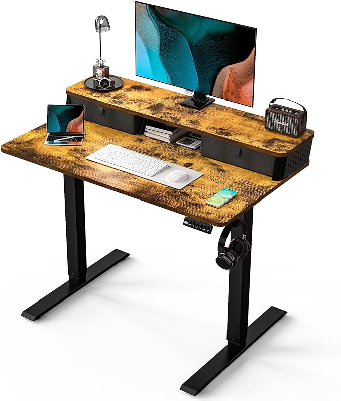 Kingant 40 x 24 Inch Electric Standing Desk with Dual Drawers, Height Adjustable Sit to Stand Computer Desk with Storage Shelf and C-Clamp Mount Compatibility for Home Office, Rustic Brown