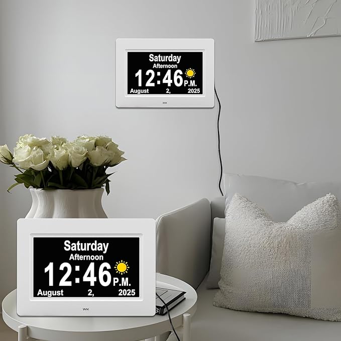 SSYA Dementia Clocks with Day and Date for Seniors,13 Alarms Custom Reminders, Extra Large Digital Calendar Clock for Elderly. (White)