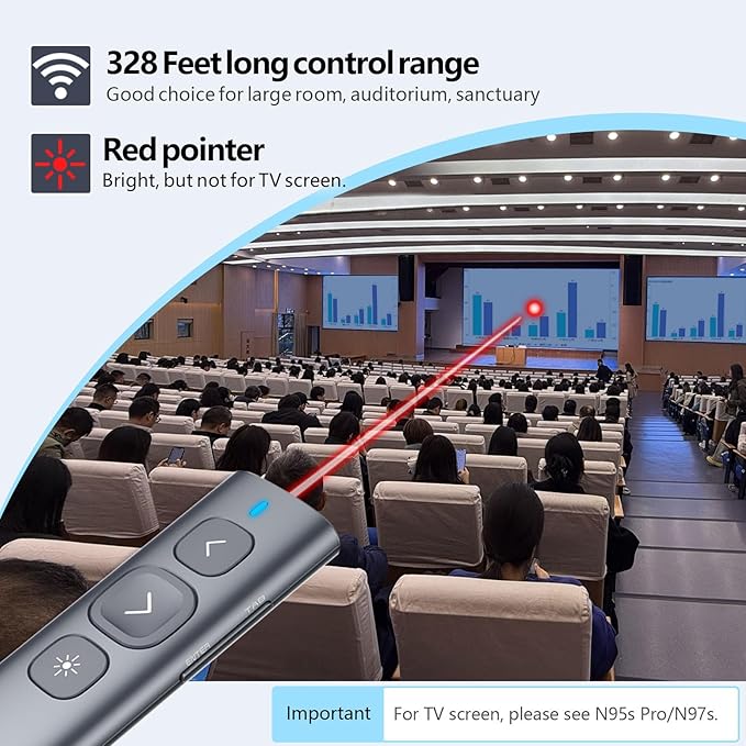 Norwii N95 Presentation Clicker, PowerPoint Clicker for Presentation Remote, Rechargeable Wireless Presenter Pointer, Slide Advancer for PC/Laptop/e-Book (BLE&USB-A&C, Red Light)