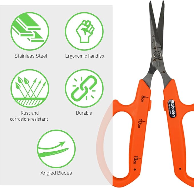 Saboten Stainless Steel Angled Blade Trimming Scissors Orange PT-13 160mm Precision Gardening Bonsai and Floral Shears Made in Japan