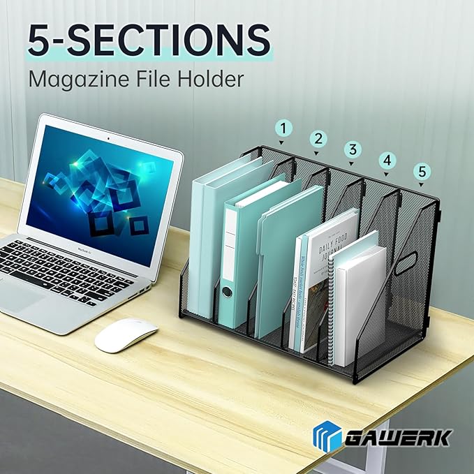 Gawerk Desktop File Magazine Folder Holder 5 Vertical Compartments, Desk Organizer Vertical Magazine Folder Organize with Side Handles, for Office Home School, Black