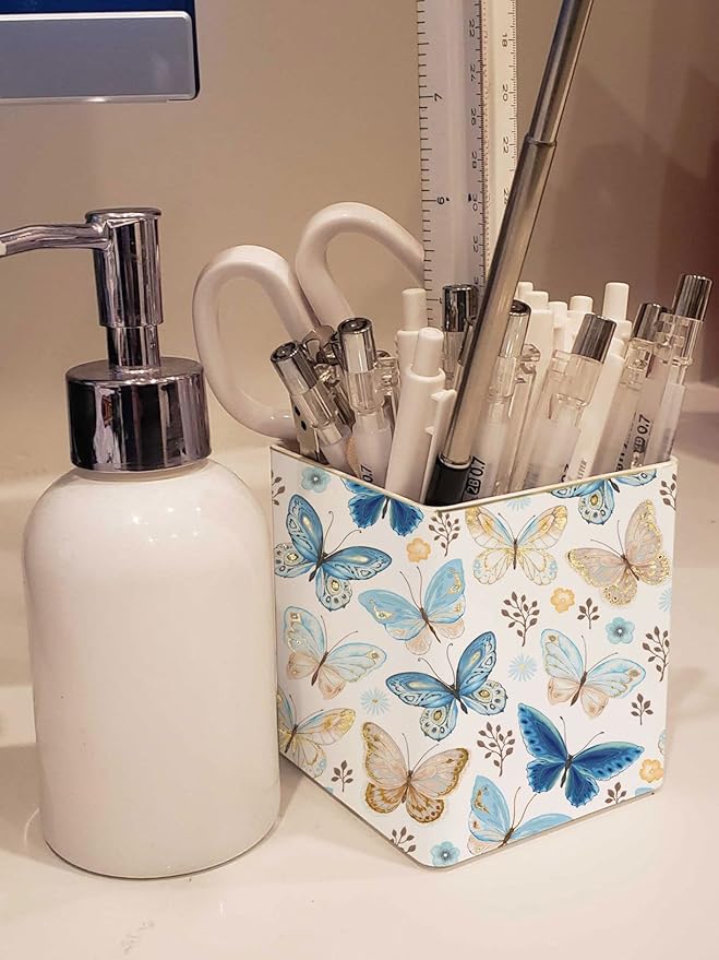 LEAZUL Pen Pencil Holder, Makeup Brush Holder,Ceramic Remote Control Holders Organizer with 2 Compartment Floral Multi-functional Office Organizers Storage Caddy Desk Tv Remote Holders Shiny Butterfly