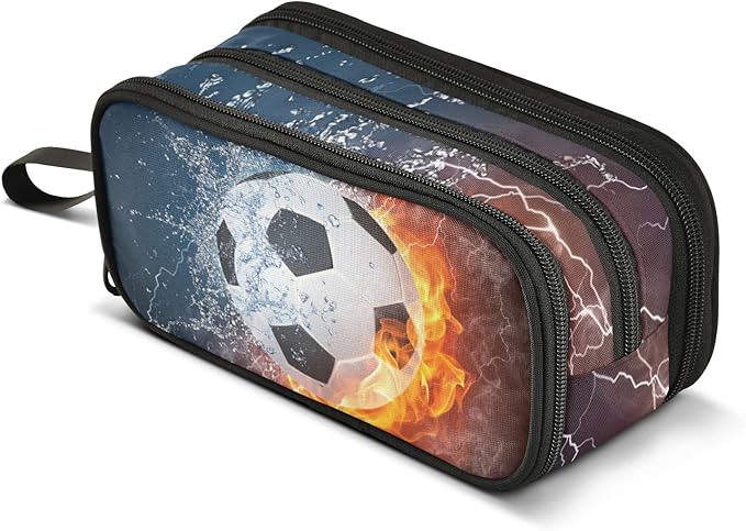BOENLE Soccer Football Ball Pencil Case Box Boys Girls Large Pencil Pouch with Zipper Compartments Big Capacity Stationery Pen Bag Organizer for Kids Teens Adults School Office