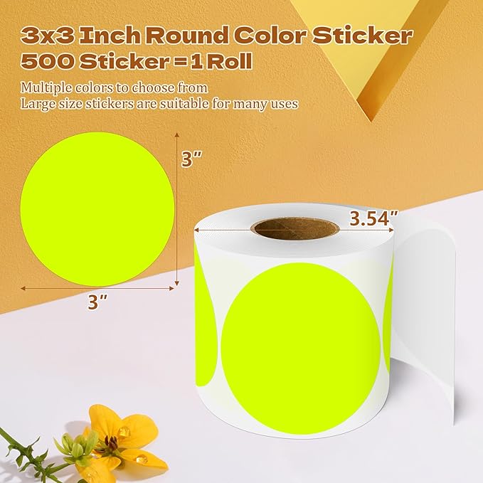 3 Inch Round Color Coding Labels (500 per Roll) - Colored Dot Stickers Round Labels for Inventory, Warehouse, Office Organizing - Fluorescent Yellow Circle Stickers