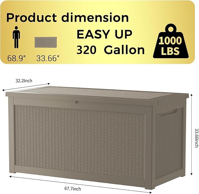 PATIOEASY Outdoor Storage Box 320GAL Waterproof Resin Deck Box,UV-Resistant Lockable Delivery Bin for Garden Tools,Large Patio Outside Cushions,Pool Accessories Supplies,Chest,Furniture,Package,Grey