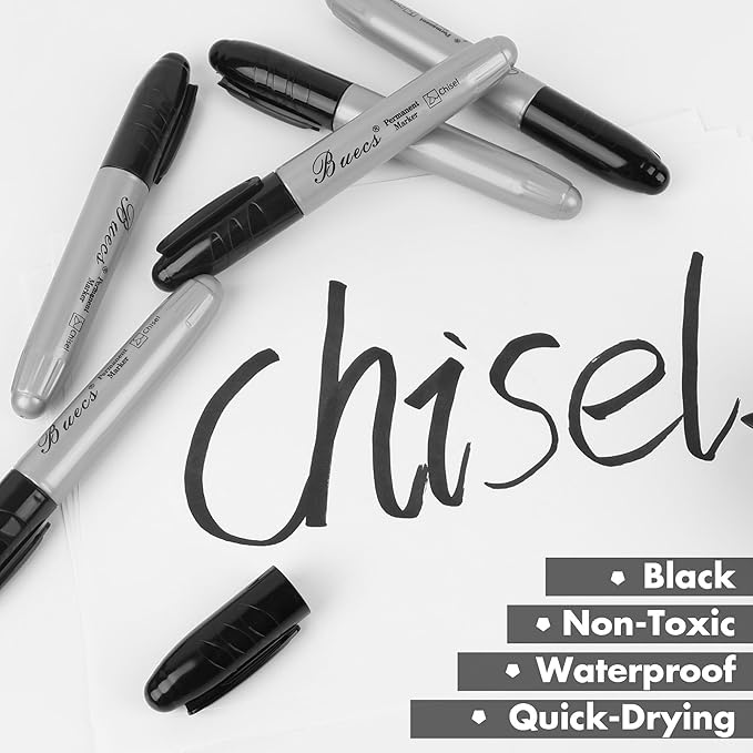 Buecs King Size Permanent Markers, 40 Count Black Jumbo Permanent Markers, Chisel tip, Waterproof & Smear Proof Markers, Quick Drying, Office Supplies for School, Office, Home