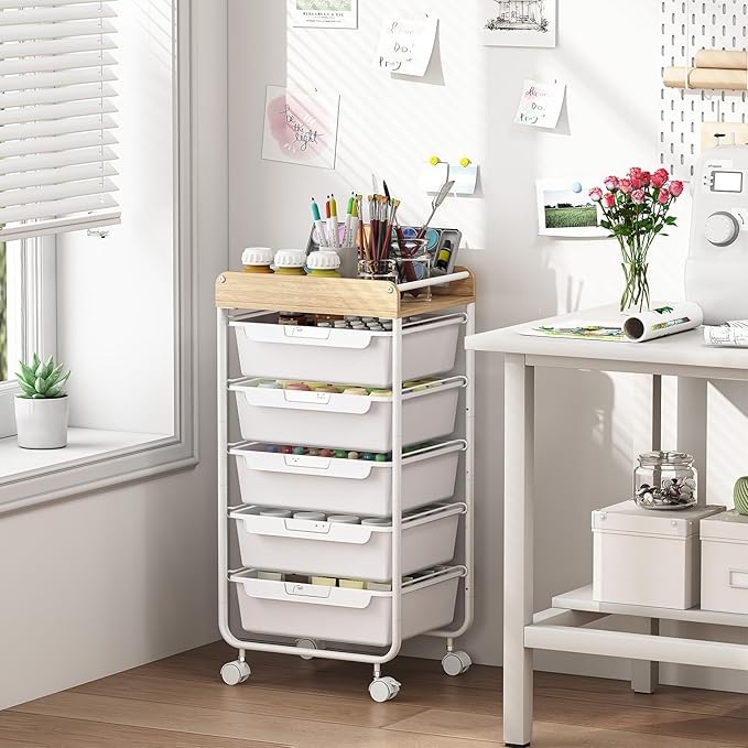 Rolling Storage Utility Cart With 5 Drawers,Craft Cart with Wheels,Makeup Organizer,Art Supply And Storage Wooden Tabletop,White