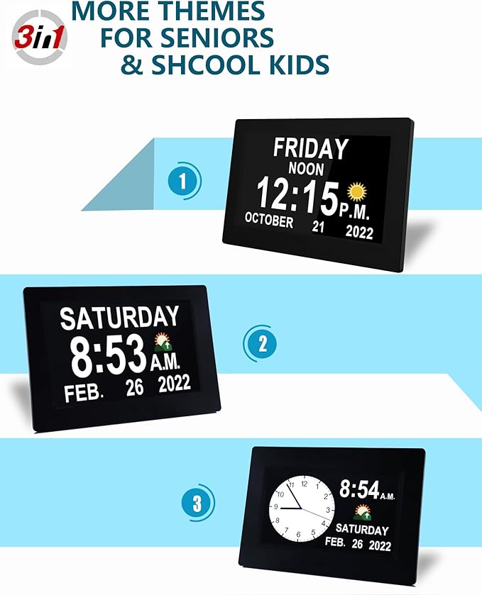 Véfaîî 2025 New, Digital Dementia Clock with Date and Time for Elderly, 10 Levels Auto Dimmer, 19 Alarms & Custom Reminders, Sun/Moon Icons, Auto DST, Large Display for Seniors- 7" with Remote