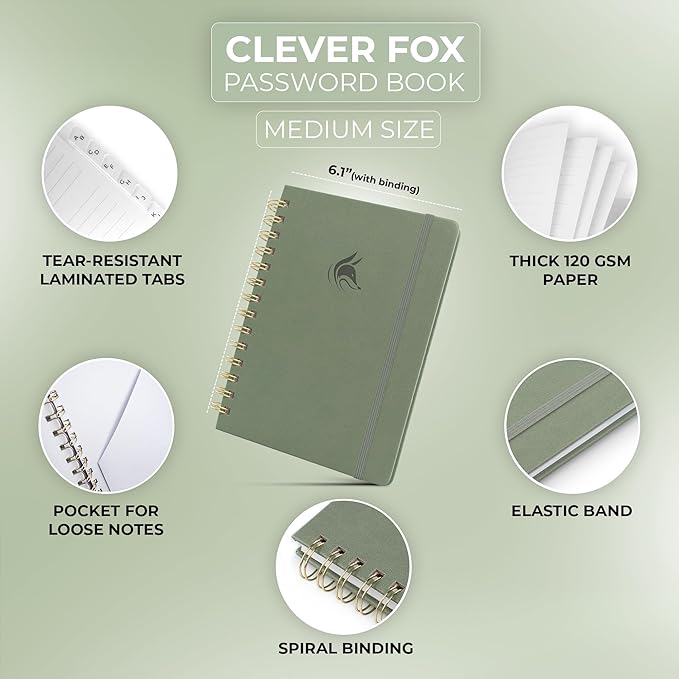 Clever Fox Password Book Spiral – Internet Address & Password Organizer with Laminated Alphabetical Tabs – Password Keeper Journal – Hardcover, Medium Size, 6.1x7.7” (Cypress)