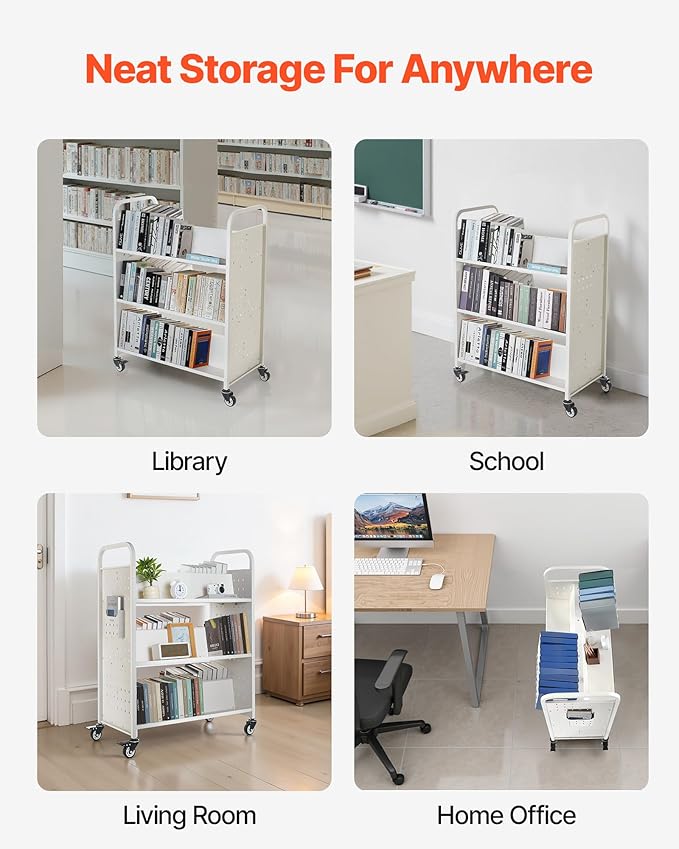 VEVOR Rolling Library Book Cart, 330 lbs Capacity, 38.2 x 20.3 x 48.2-Inch Library Cart, Double Sided W-Shaped Shelves with 3-Inch Lockable Wheels, Book Truck for Home Shelves Office and School, White