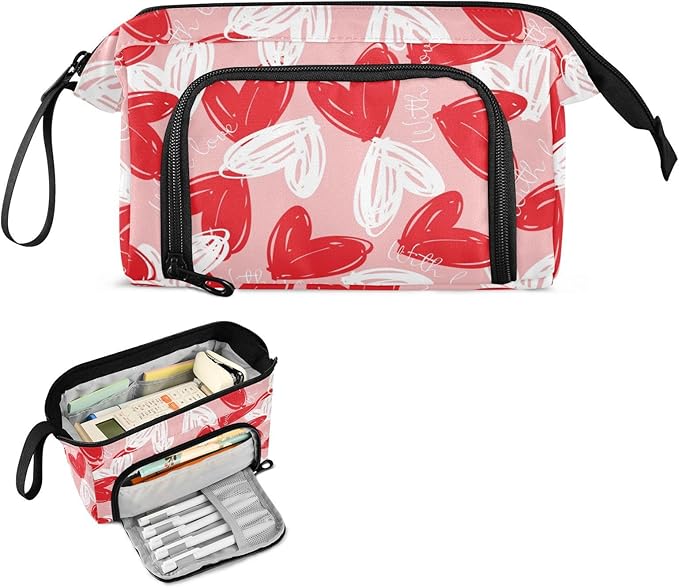 Bolaz Big Capacity Pencil Pen Case Pouch Bag School College Office Organizer for Teens Girls Adults Student-Valentine's Day Red White Hearts on Pink