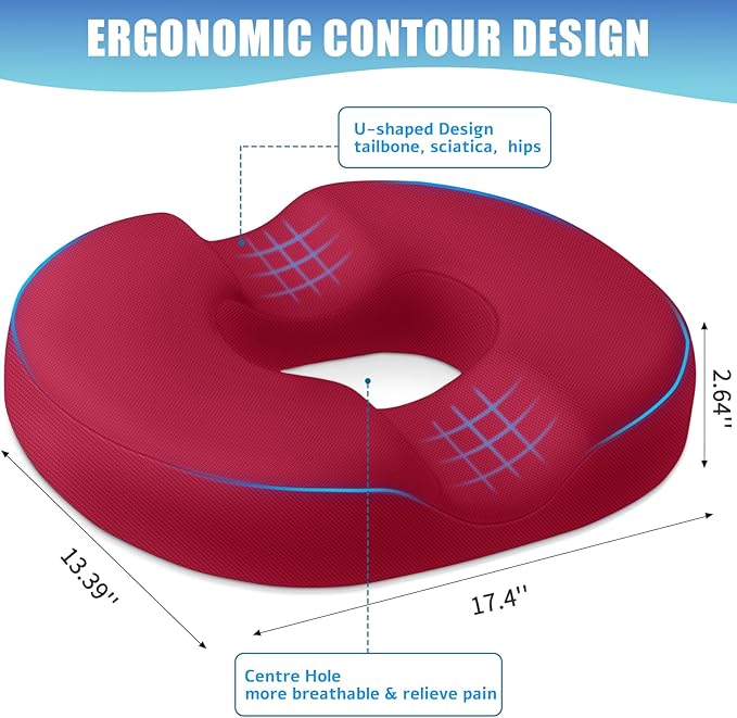 BlissTrends Donut Pillow Seat Cushion,Donut Chair Cushions for Postpartum Pregnancy & Hemorrhoids,Tailbone Pain Relief Cushion,Memory Foam Lifting Cushions for Office&Home Chairs (Red)