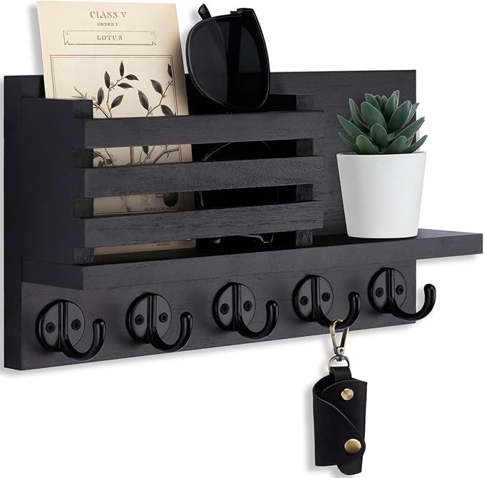 Lwenki Key Holder for Wall – Decorative Wooden Mail Holder and Key Shelf with Mounting Hardware, Installation Guide – Paulownia Wood with 5 Metal Key Hooks (11.8” x 6.7” x 2.8”)