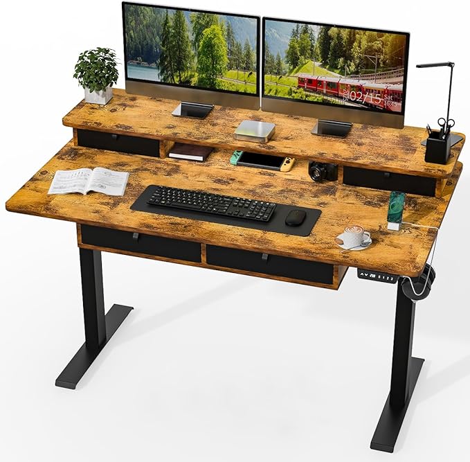 Kingant 55 x 30 Inch Electric Standing Desk with 4 Drawers, Adjustable Height Computer Desk for Home Office, Large Workstation Sit Stand Up Desk with Built-in USB A/C Charging Ports, Rustic Brown