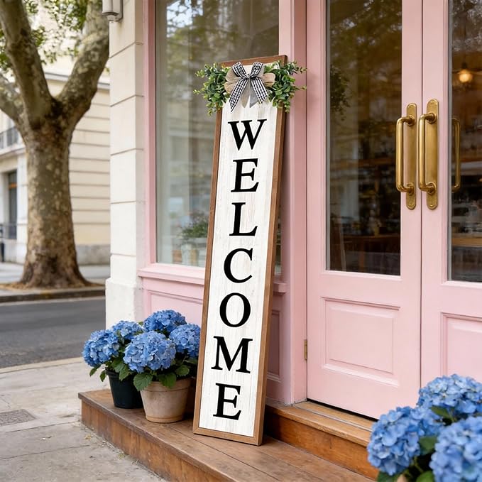 Double-sided Welcome Wooden Sign Stand with Magnetic-adhesive Wreath for Front Door, 47" Vertical Farmhouse Home Sweet Home Porch Sign for Outdoor Patio Garden, 2in1 Large Tall Porch Leaner Decor