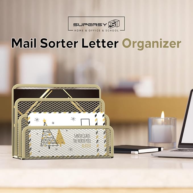 SUPEASY Mail Organizer for Desk, Mesh Metal Mail Holder Countertop with 3-Slot, Letter Sorter File Holder, Office Envelope Organizer for Mails (Yellow)