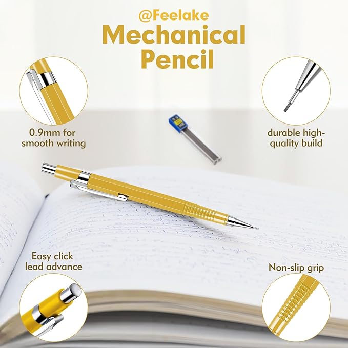 feelake 8 PCS Metal Mechanical Pencil,Durable 0.9mm Drafting Pencil,Comes With 8 PCS of 9 mm lead pencil refills, Pencils Mechanical For Writing,Drawing & Gifting