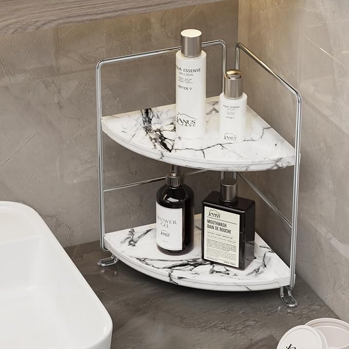 JANUS LiANG 2-Tier Corner Bathroom Organizer, Countertop Perfume Makeup Shelf Cosmetics Storage Shelf Display Rack Vanity Shelf,Kitchen Spice Rack,PP Imitation Marble Design,Tool-Less Install(Silver)
