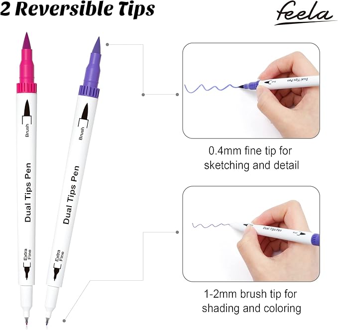 feela 100 Colors Dual Tip Brush Pens with Fineliners Art Markers, Watercolor Dual Brush Tip and Highlighters For Adult Coloring Books, Art, Sketching, Calligraphy, Manga, Journal