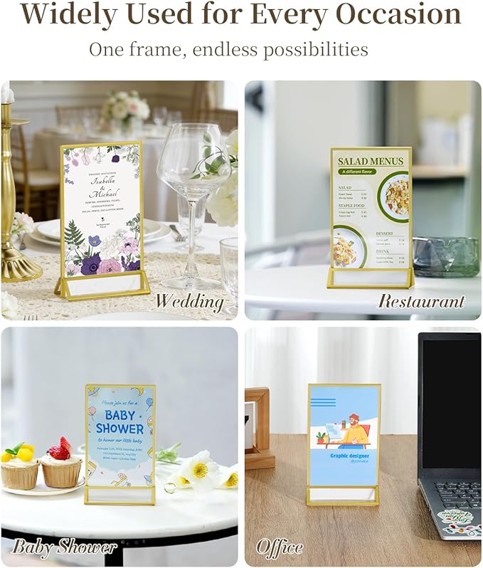 Dynta Acrylic Sign Holder 4x6 8 Pack Double Sided Clear Plastic Display Stands, Tabletop Menu Holder, Flyer Display for Wedding, Party, Restaurant, Office, Retail (Gold Frame)