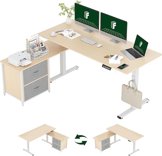 FLEXISPOT 63'' L Shaped Reversible Standing Desk with Drawers and Shelves, Large Corner Stand Up Executive Desk for Home Office, Light Wood Grain Top+ White Frame