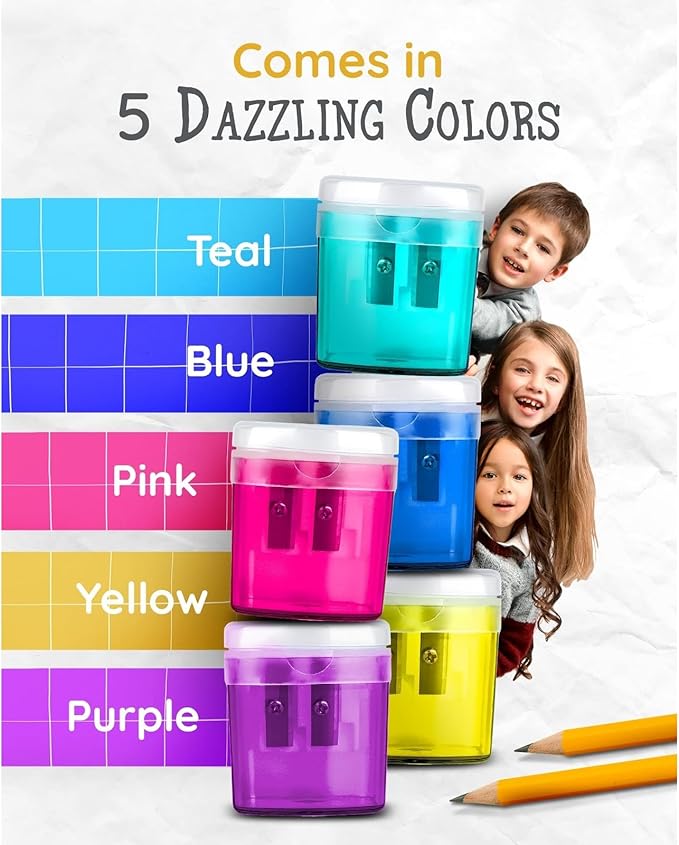 Artellius Bulk Pencil Sharpeners for Classroom - Double Hole, Plastic, Multicolor, 100-Count - Handheld Pencil Sharpener for Kids & School Supplies
