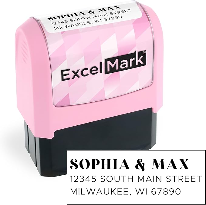 ExcelMark Address Stamp - Custom Return Address Stamp with Elegant Designs, Vibrant Colors & Patterns – Perfect for Mail, Invitations & Gifts (Pink Mount, The Statement)