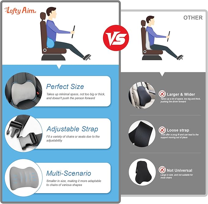 Lumbar Support Pillow for Car, Memory Foam Lumbar Pillow for Lower Back Pain Relief - Back Cushion for Driving, Chair Support for Car-Office Chair, Wheelchair - Matte Gray