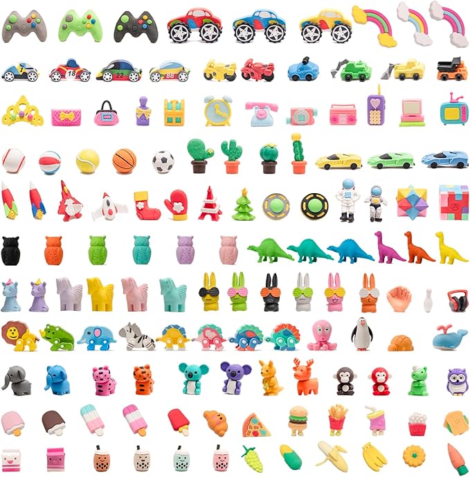 CLOCK KING 132pcs 3D Cute Kids Erasers, Random Desktop Pet Toys Gifts, Classroom Rewards Kids Party Gifts, Various Styles Such as Animals, Food, Plants, Space, Princess, Sports, Halloween, Christmas