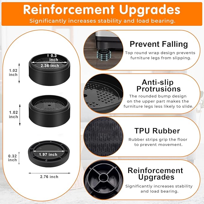 Furniture Risers Bed Risers Heavy Duty 1 inch, 2 inch, 3 inch, 4 inch Round Adjustable Bed Lifts Riser for Desk Legs Table Couch Sofa Chair Refrigerator Washing Machine (1+1 Inch, Black, 8 Pack )