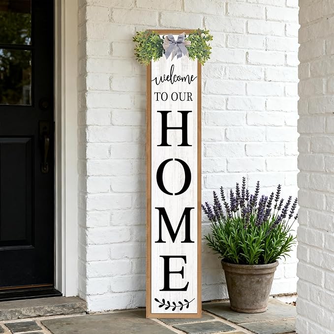 Double-sided Welcome to Our Home Wooden Sign Stand with Magnetic-adhesive Wreath for Front Door, 47" Vertical Farmhouse Welcome Porch Sign for Outdoor Patio Garden, 2in1 Large Tall Porch Leaner Decor