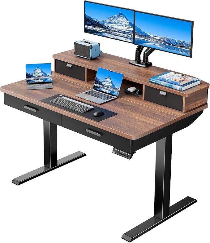 HUANUO 48 x 30 inch Electric Standing Desk with 4 Drawers, Adjustable Height Sit Stand Home Office Desk with Two Tiers, Ergonomic Adjustable Stand up Desk C-Clamp Monitor Mount Compatible, Walnut