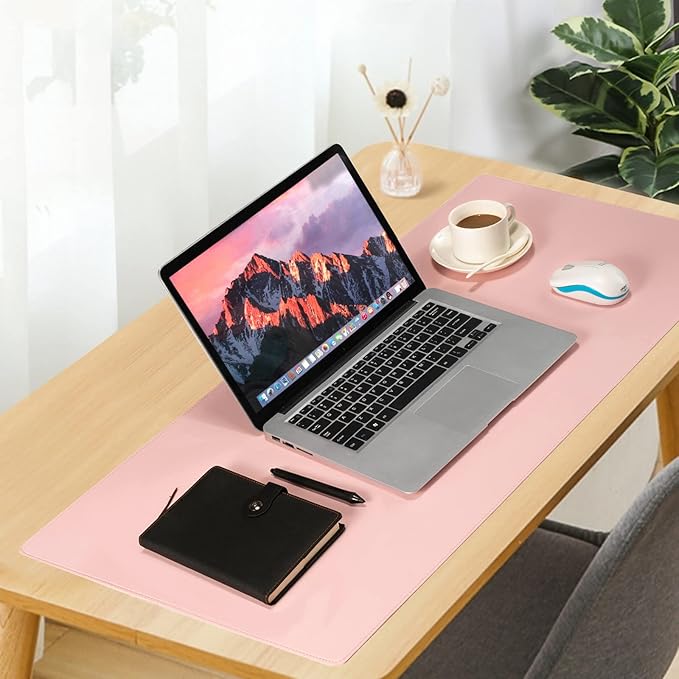 Wolaile PU Leather Desk Pad Blotter,Light Pink Waterproof Office Desktop Mat for Women,36x17in Non-Slip Large Mouse Pad Writing Protector