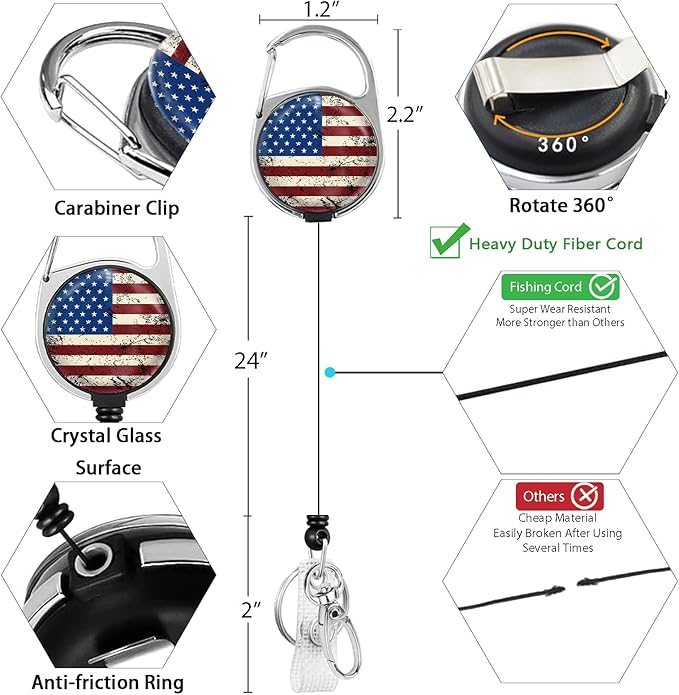 Giancomics 4th of July Lanyards for Id Badges, American Flag ID Badge Holder with Retractable Reel, Patriotic Stars Stripes Teacher Lanyard with Keychain Clip Name Tag Card Holder for Women Gift
