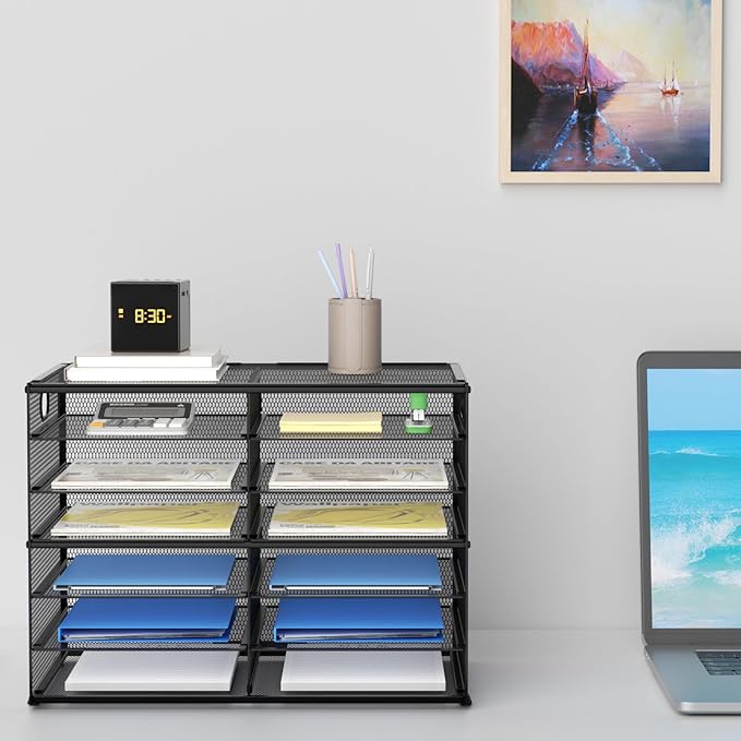 Lavatino 12 Compartments Paper Organizer for Desk, Mesh Literature Organizer, Mail File Sorter Tray with Handle, Desktop Mailbox for Office Classroom Home, Black