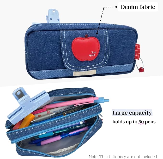 Haumei Canvas Pencil Case Large Capacity, Big Denim Pen Pouch with Zipper, Cute Durable Portable Stationary Storage Bag Organizer for Adults Women, Dark Blue, Apple