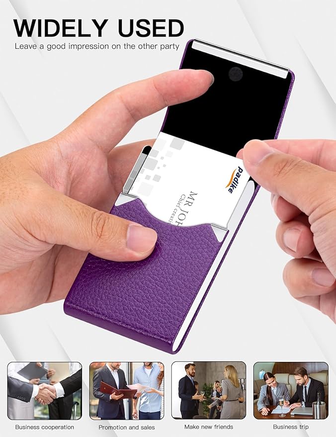 Padike PU Leather Business Card Holder for Women Slim Pocket Business Name Card Holder Stainless Steel Business Card Case with Magnetic Shut (Purple)