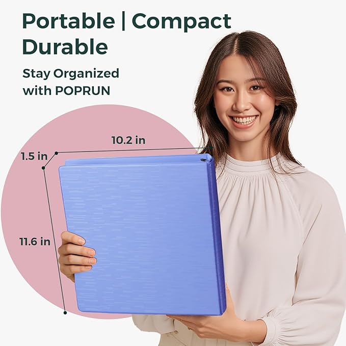 POPRUN 3 Ring Binder 1 Inch, PVC-Free, Holds 175 Sheets of 8.5 x 11 Paper, Extra Durable Organizer with 2 Pockets for School & Office, Heavy-Duty, 2 Pack, Pink