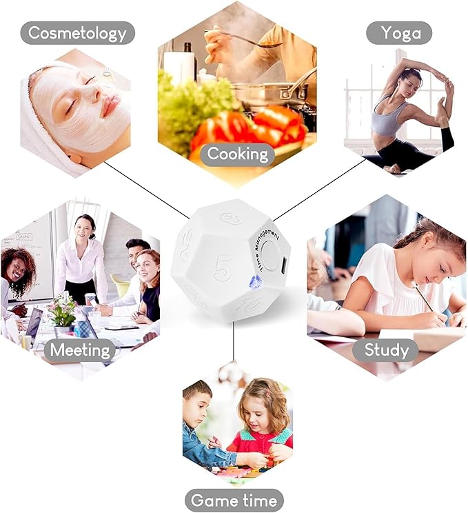 Mini 12 Sided Cube Timer, 11 Preset Times Pomodoro Timer for Enhanced Productivity. Ideal for ADHD Management, Workout, Study & Kitchen Cooking. Easy to Use（White）