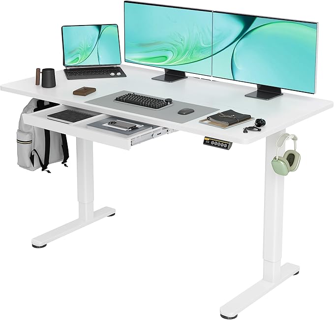 Claiks Standing Desk with Drawers, 55x24 Inch Stand Up Electric Adjustable Height Sit Stand Desk for Computer Workstation, White