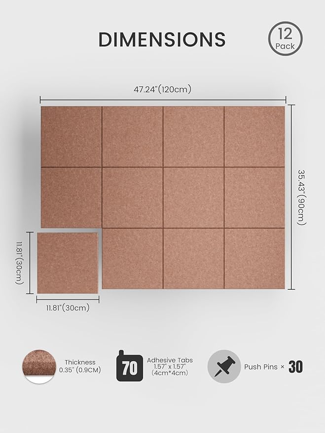 Bumusty Large Cork Board Alternative-47 x35 Felt Bulletin Board, with 30 Pushpins, 70 Adhesive Tabs, 12-Pack Slat Wall Paneling, Pin Boards for Office Push Felt Board-Terracotta