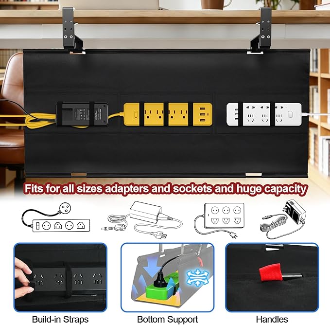 Under Desk Cable Management Tray, 36" Cord Organizer for Table, Clamp/Screw Mount Desk Cable Management, Premium Fabric Cable Management Tray for Office, Home